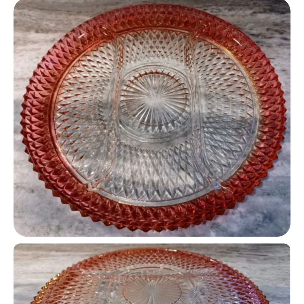 Vintage Indian Glass Diamond Point  Tray~Ruby Flash~3 Part~Relish~Serving Dish